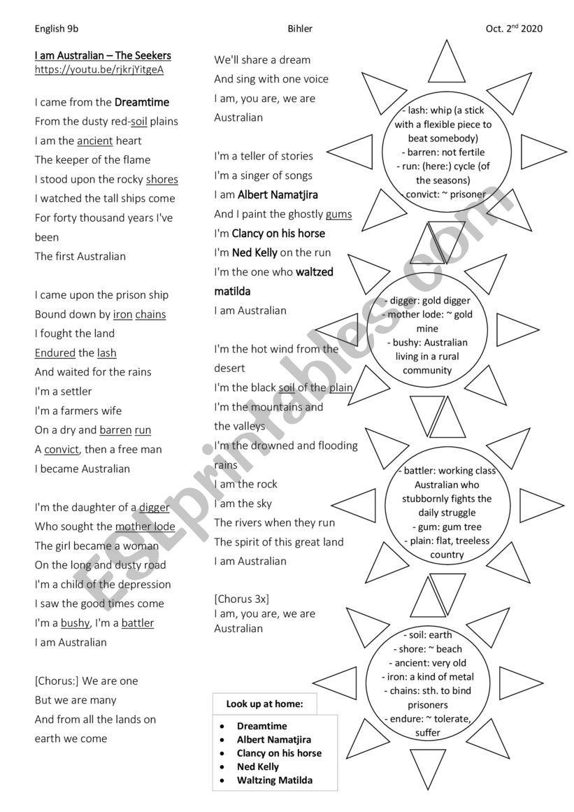 Worksheet for the song 