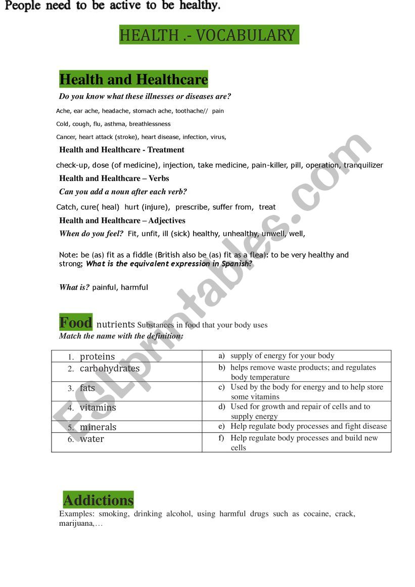 Healthy lifestyle vocabulary worksheet