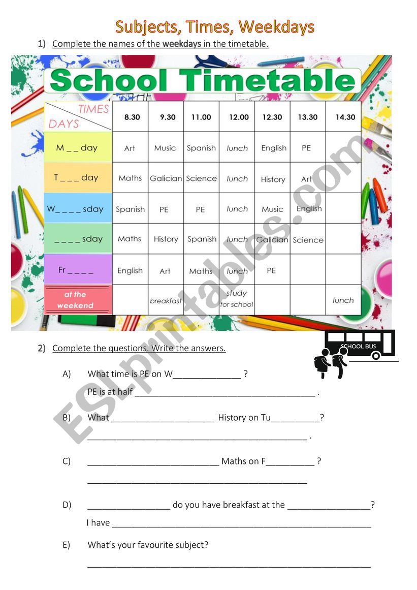 Subjects, Times, Weekdays worksheet