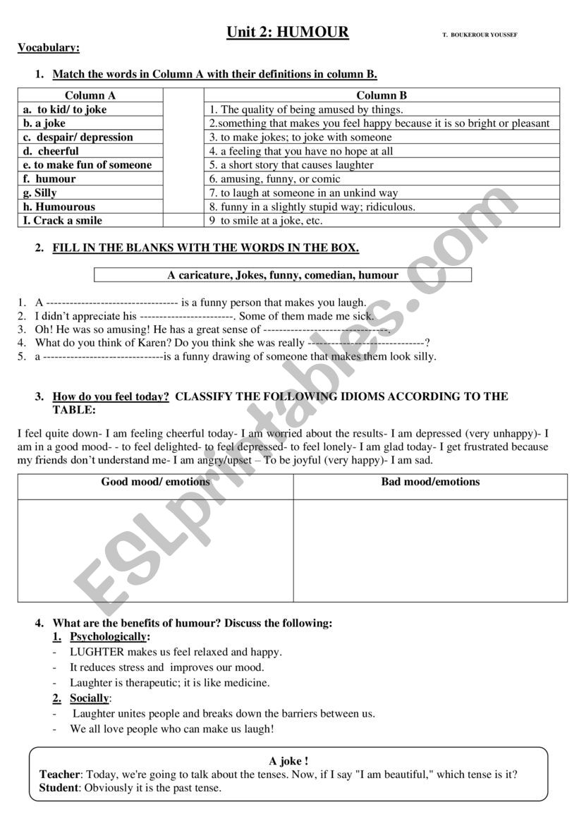 humour ( vocabulary) worksheet