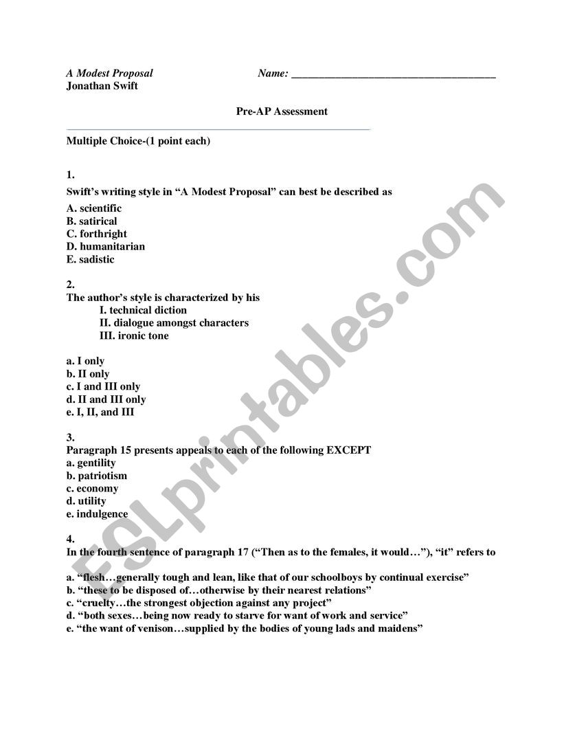 English worksheets The Modest Proposal