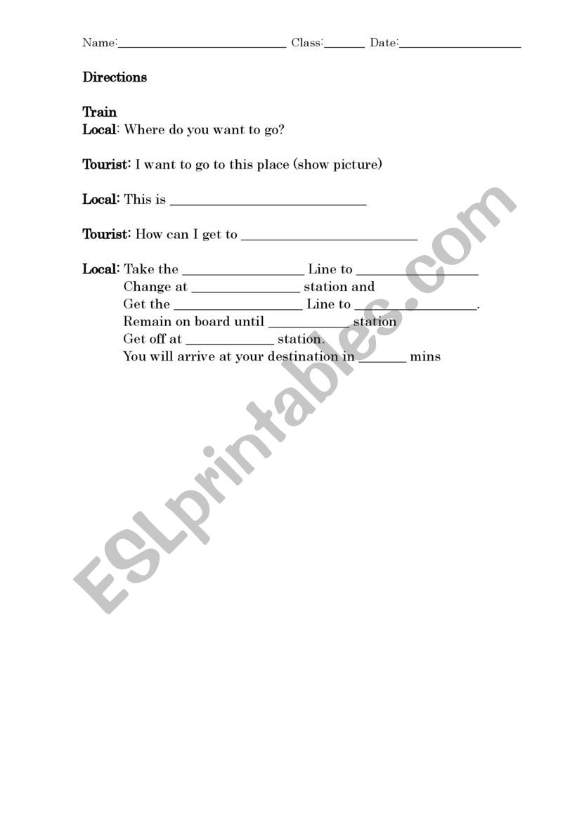 Train directions dialogue worksheet