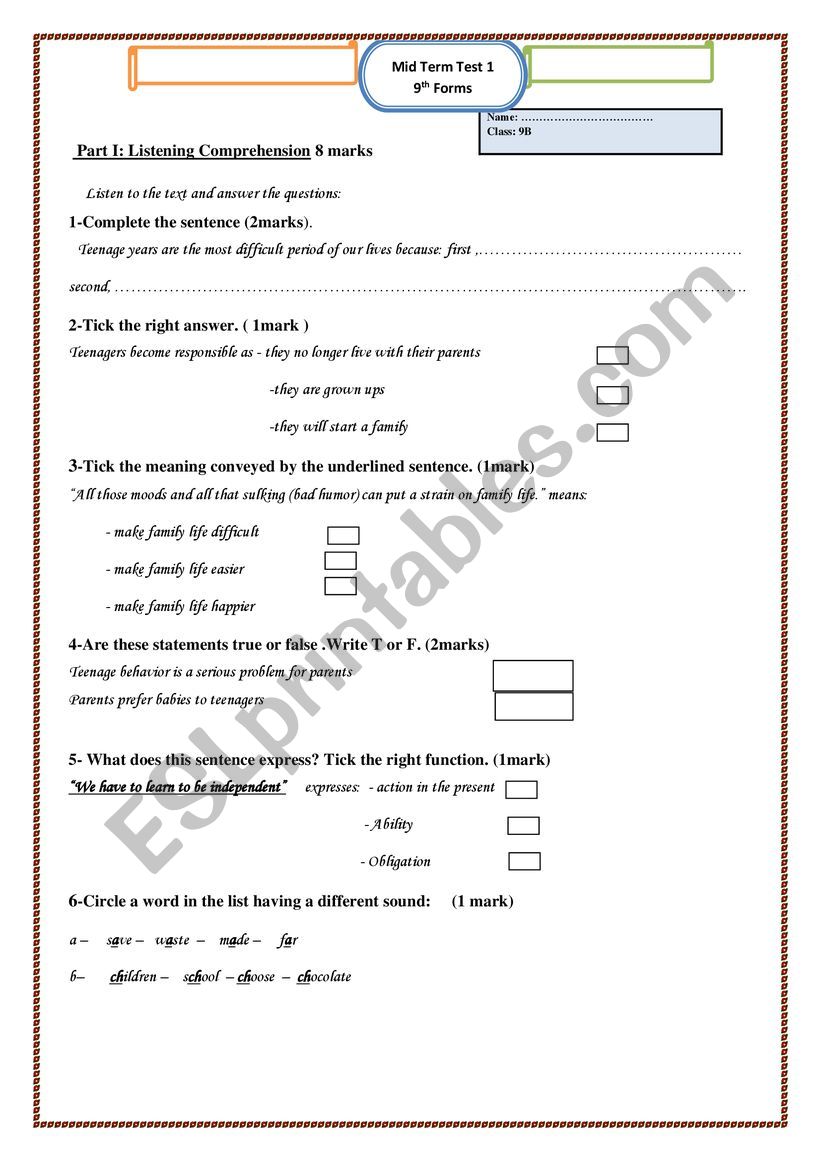 mid term test n 1 9th form tunisian pupils