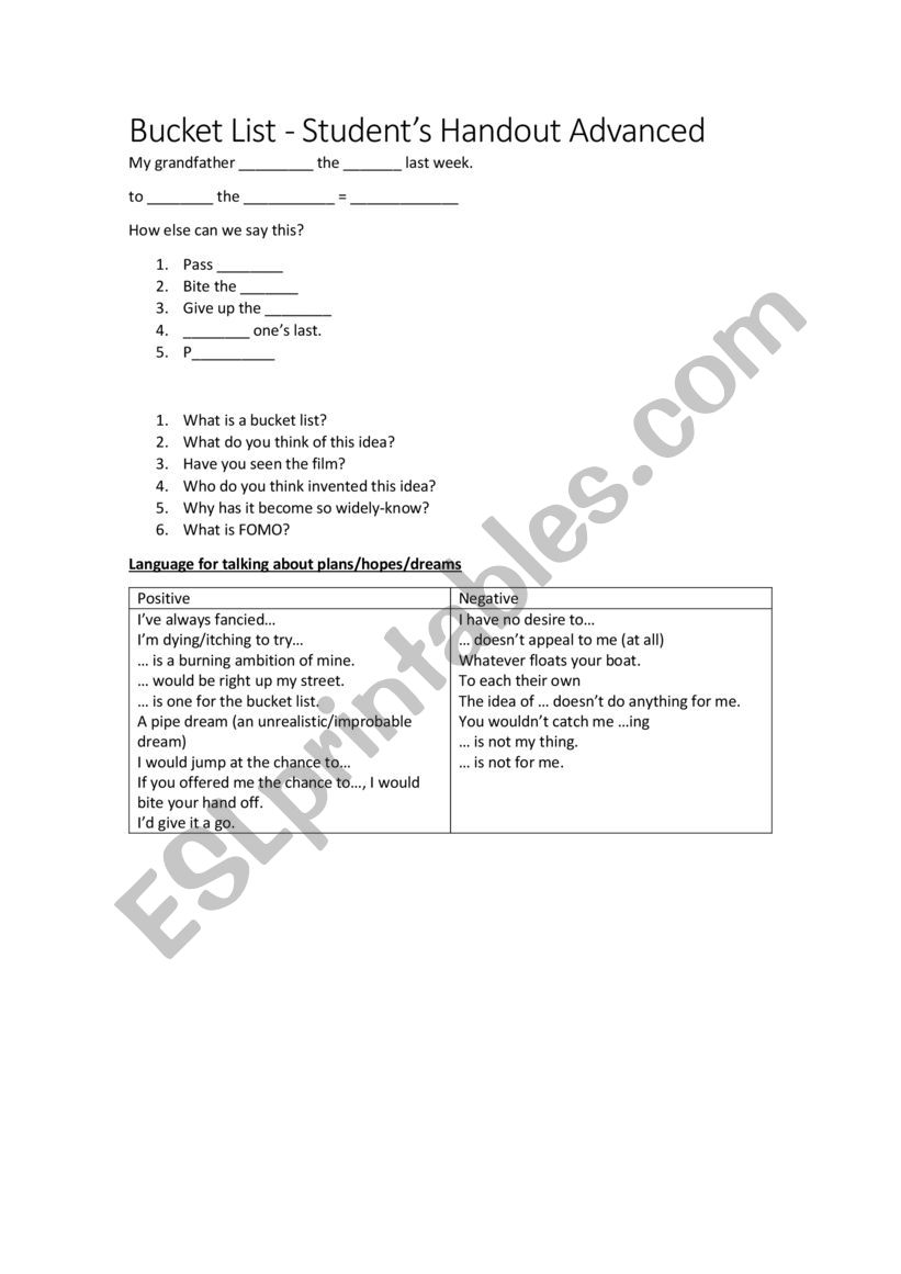Bucket List worksheet