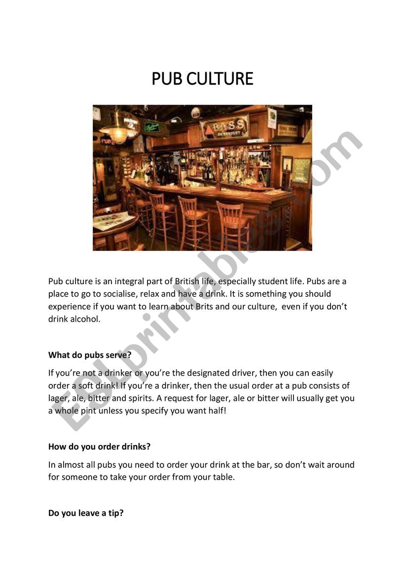 Pub culture worksheet