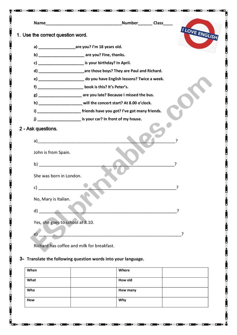 Question words worksheet
