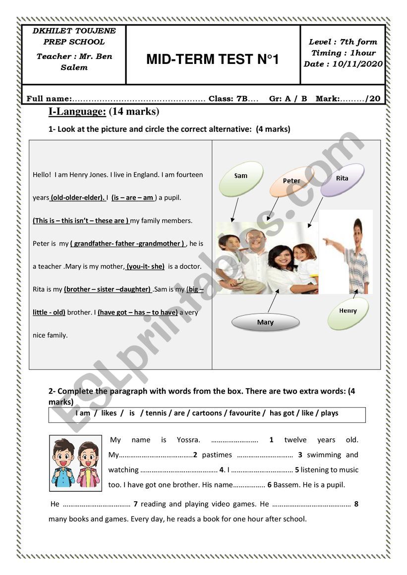 7th form mid term test 1 2020-2021 