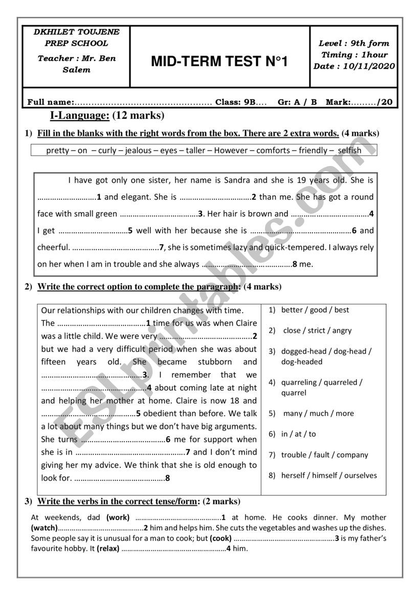 9th form mid-term test 1 2020-2021 