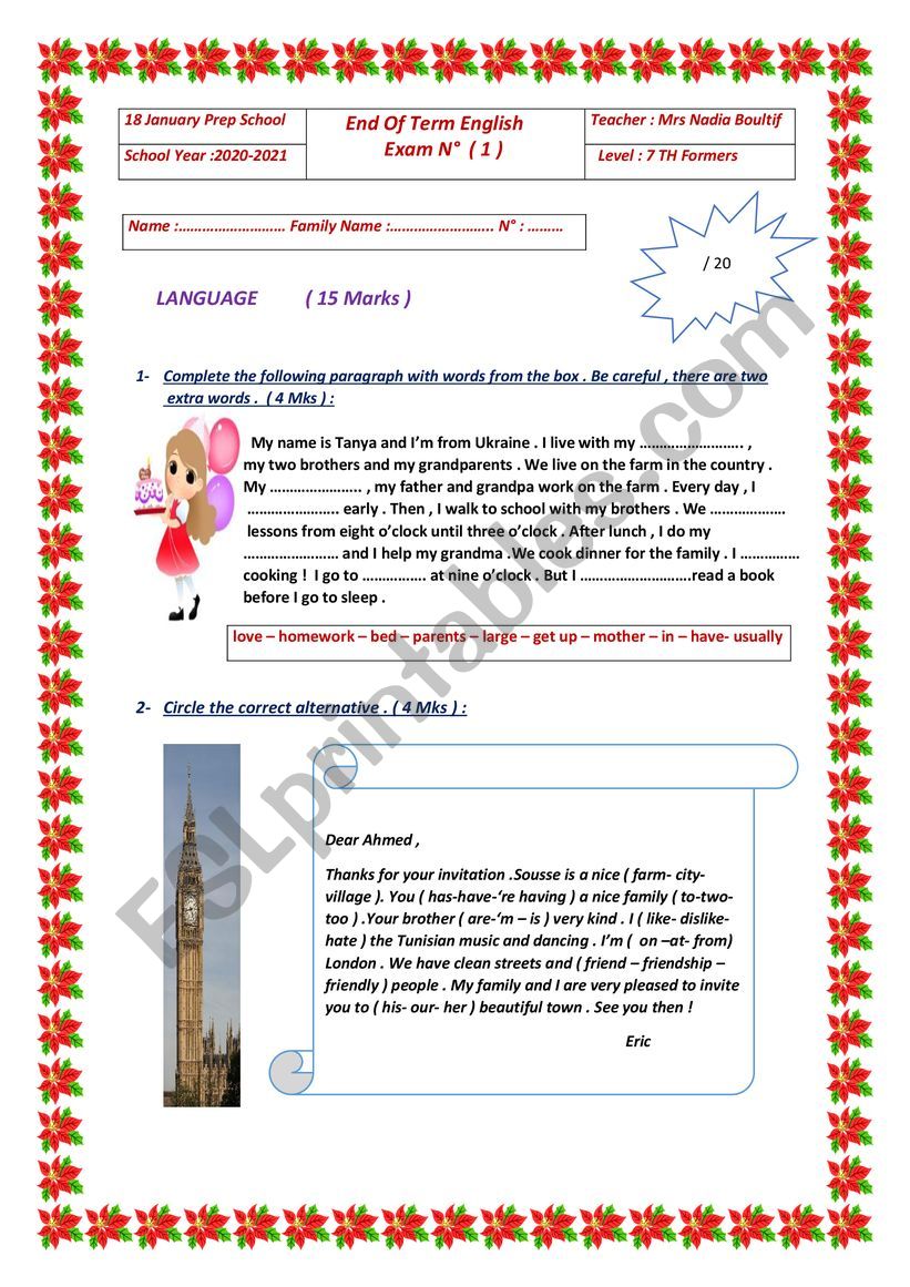 End Of Term English exam n 1 worksheet
