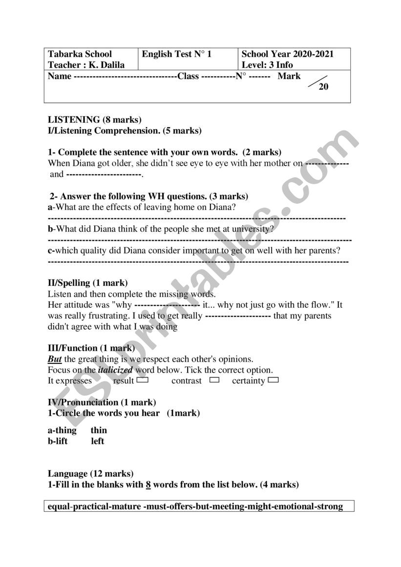 Mid Term Test level 2 worksheet