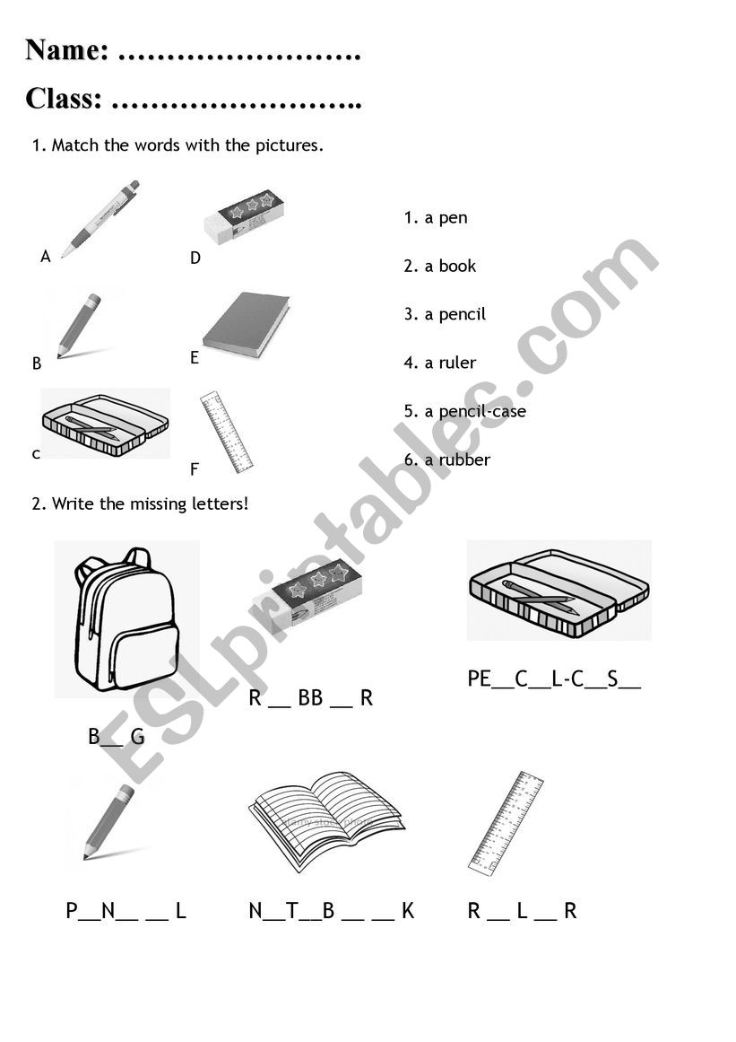 SCHOOL THINGS WORKSHEET worksheet