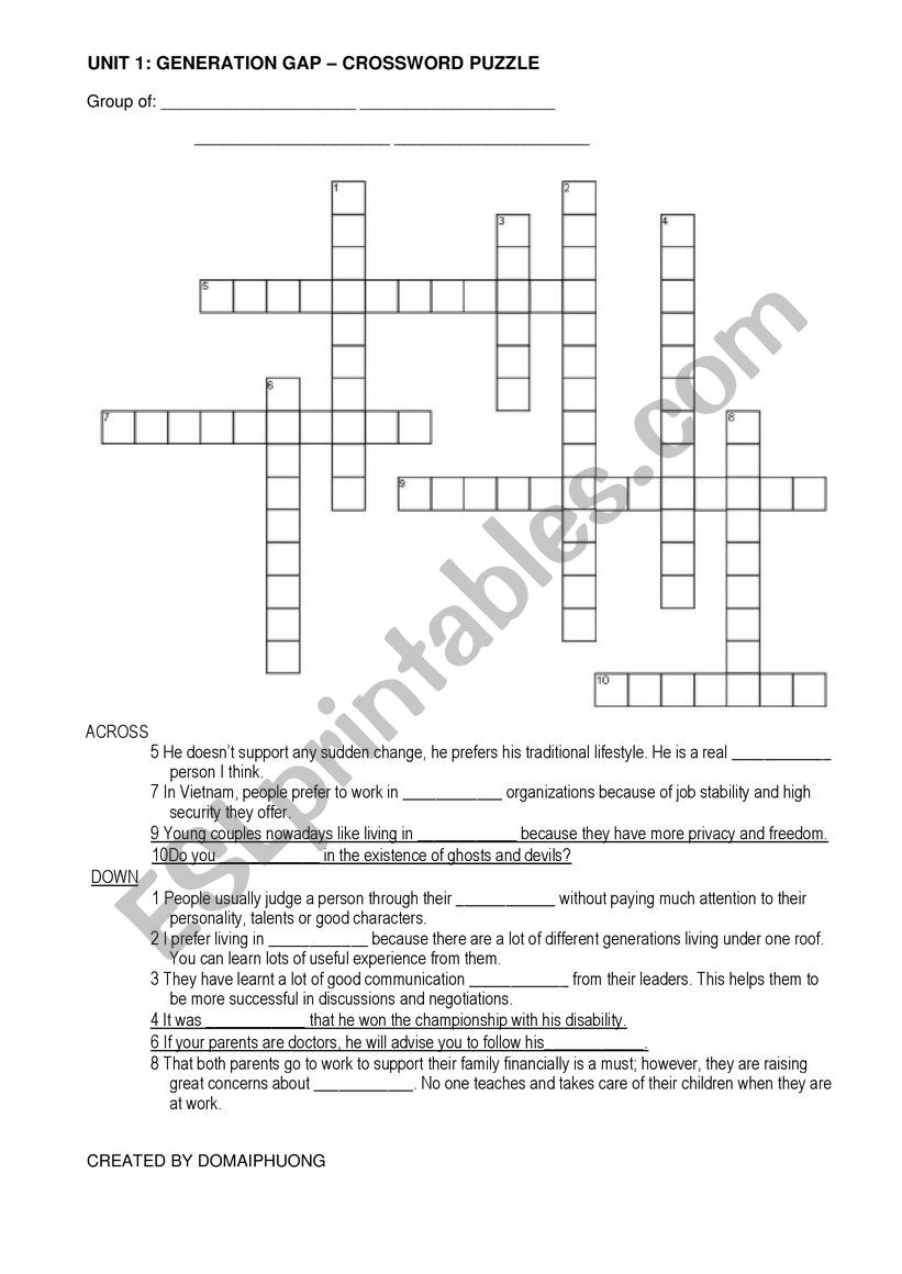 GENERATION GAP CROSSWORD worksheet