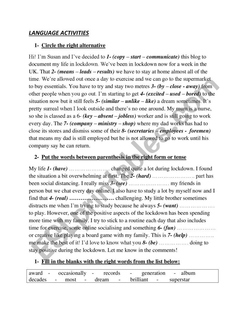 lANGUAGE TASKS worksheet