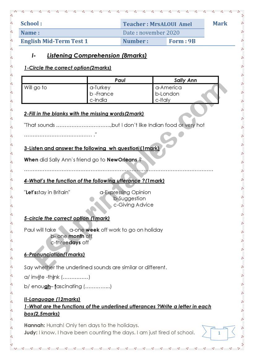 8th mid-term test 1 worksheet