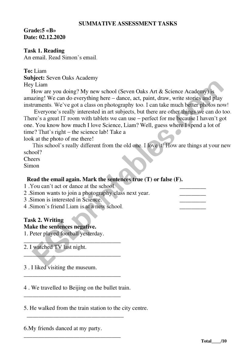 Summative assessment worksheet