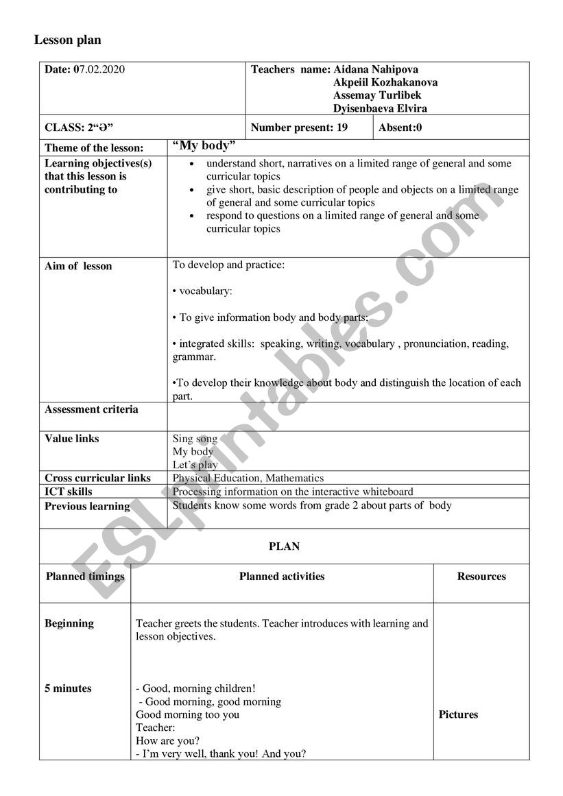 my body worksheet