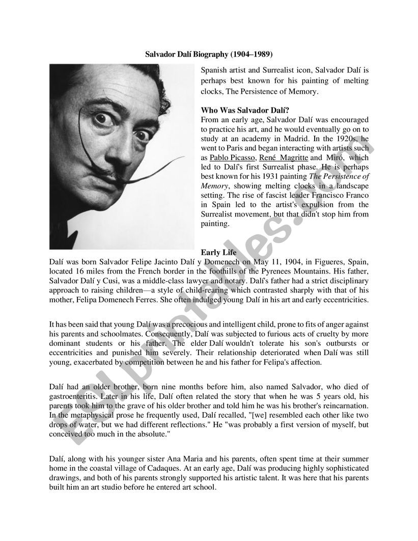 Dali�s Biography Worksheet worksheet