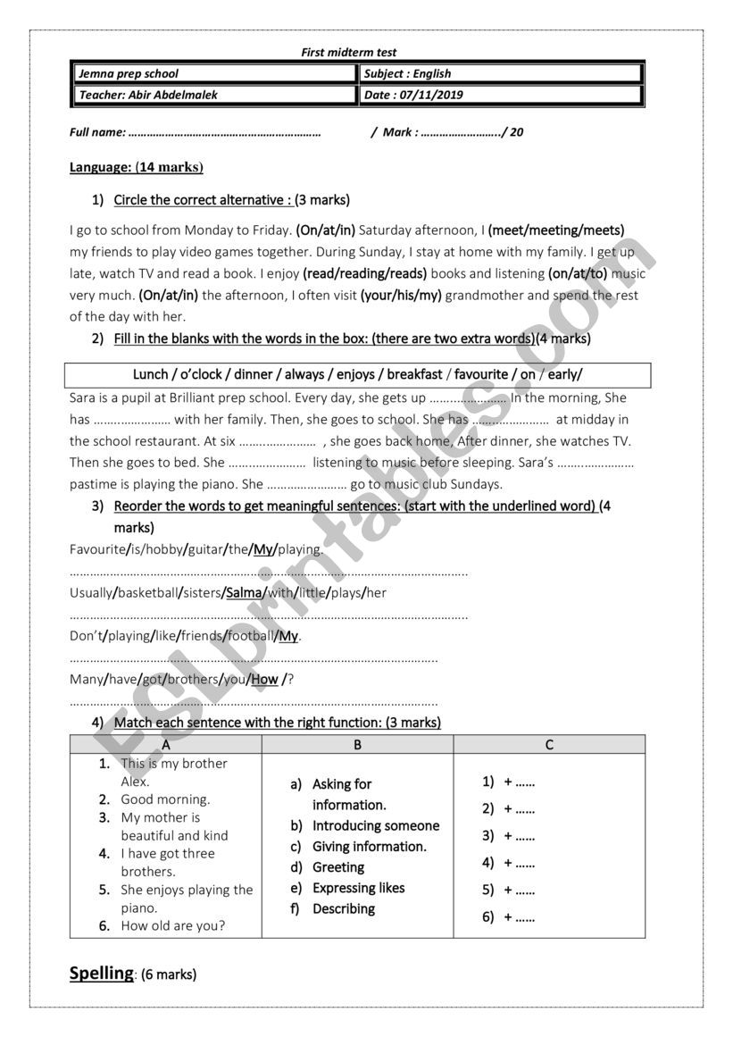 End of first term test 7th form