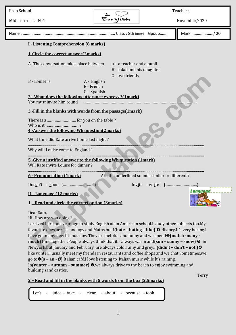 mid - term 1 test 8th forms worksheet