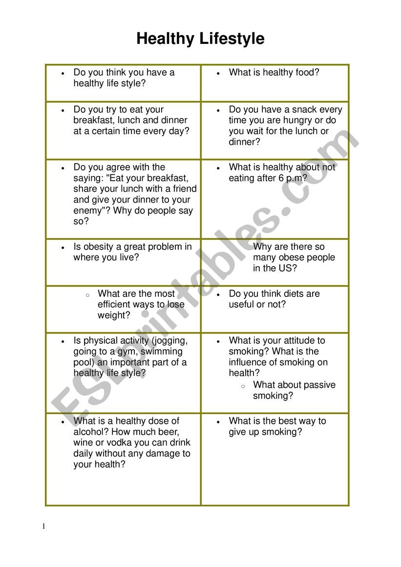 Healthy life speaking cards worksheet