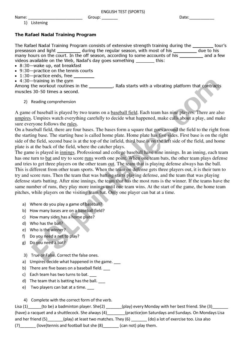 Sports test with key worksheet