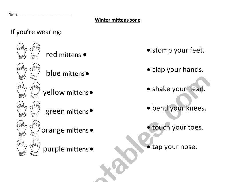 Winter mittens song worksheet