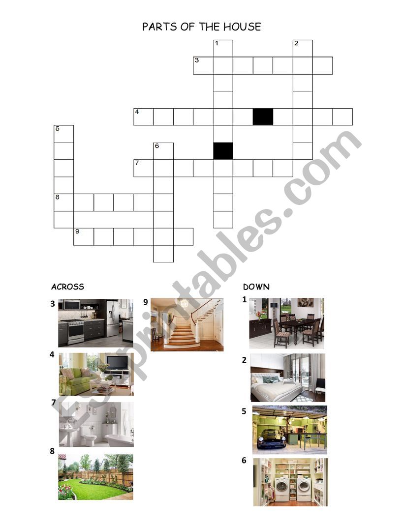 CROSSWORD PARTS OF THE HOUSE worksheet