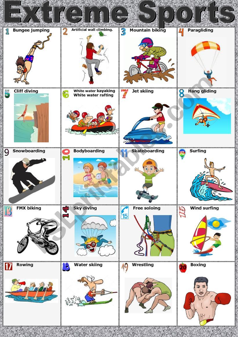 Extreme Sports. Poster or Vocabulary chart.