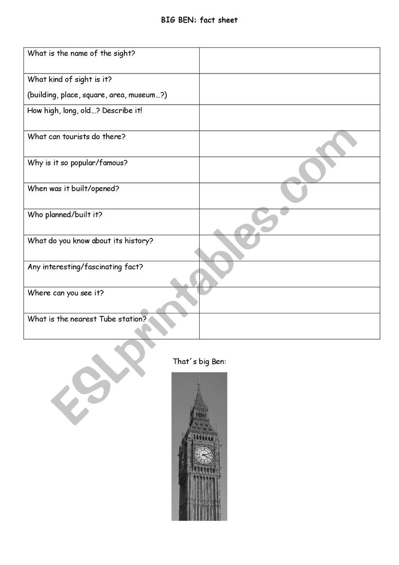London Big Ben worksheet