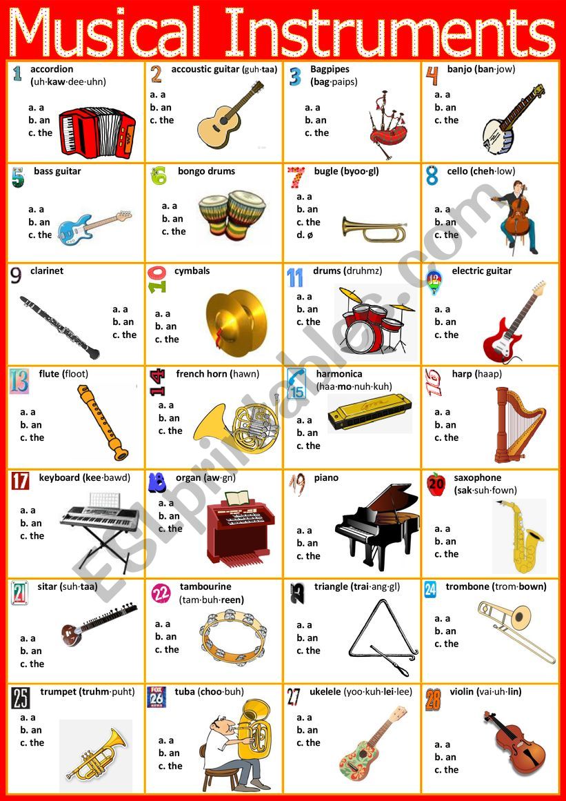 Musical Instruments. Poster or Vocabulary chart + article revision + pronunciation + KEY