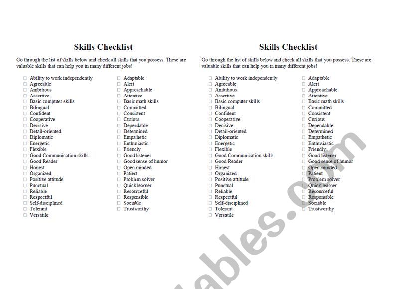 Adjectives skills for CV worksheet
