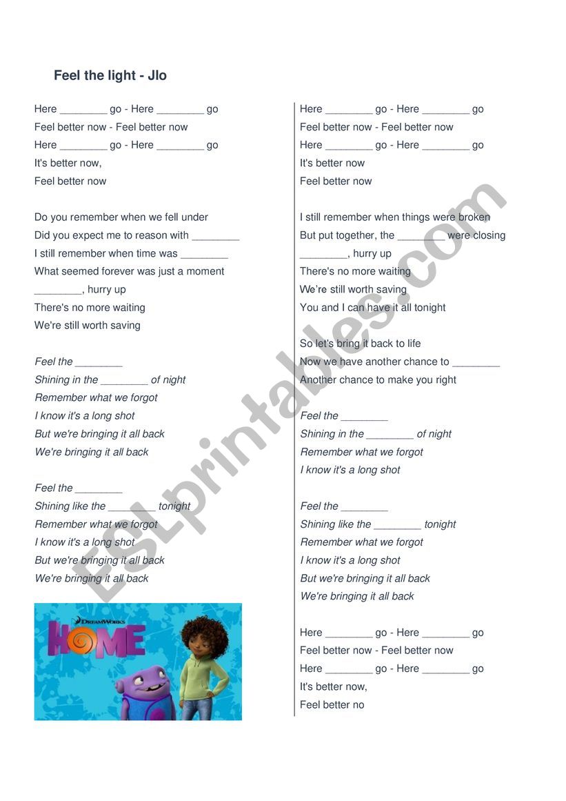 FEEL THE LIGHT song by Jlo worksheet