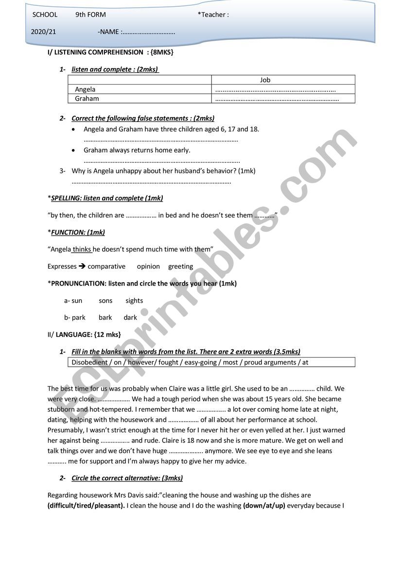 mid term test 1 9th form worksheet