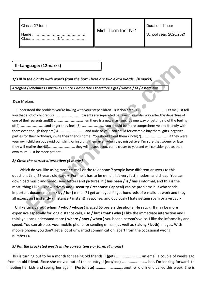 Mid Term Test 1.2nd year worksheet