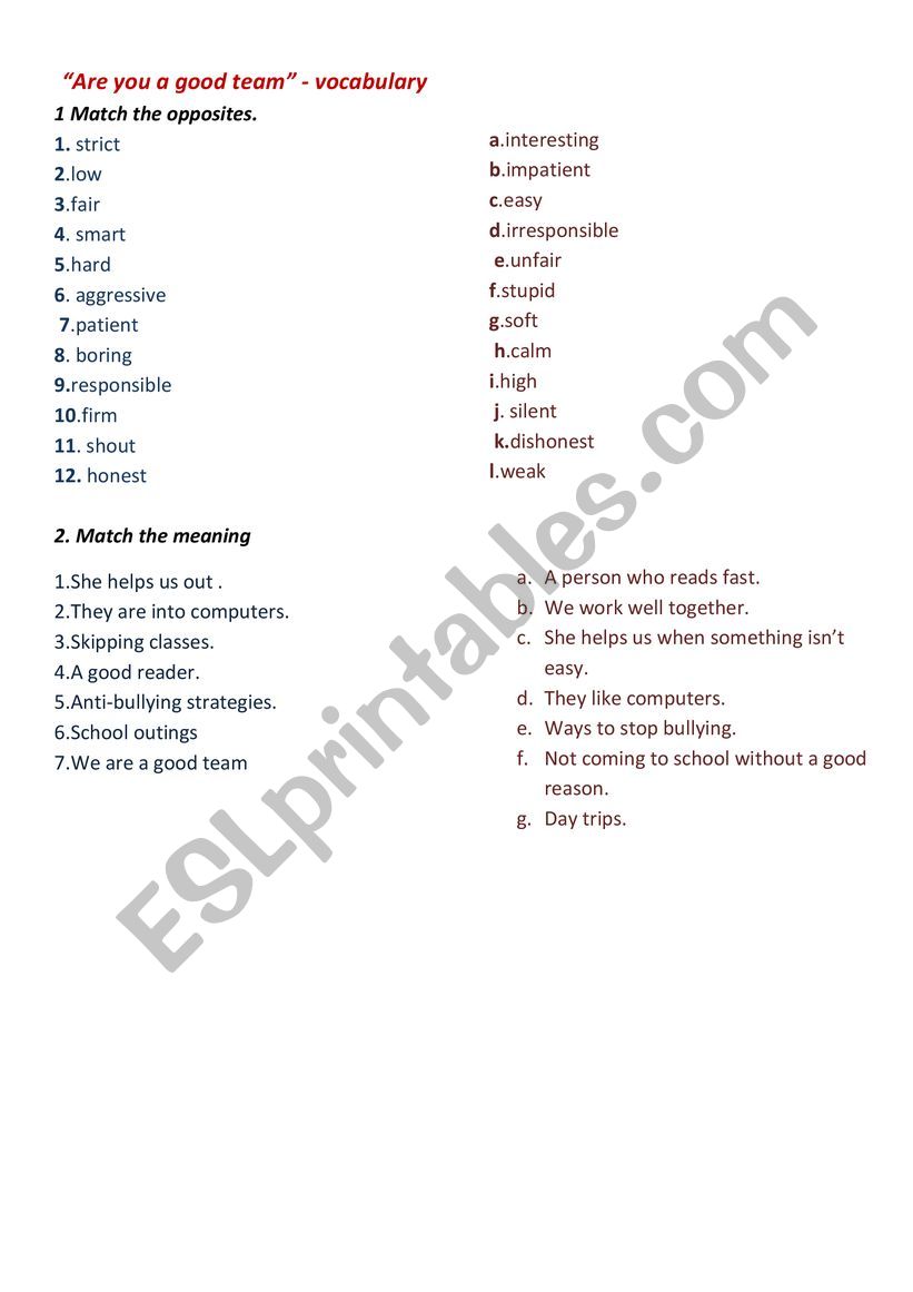 Vocabulary worksheet