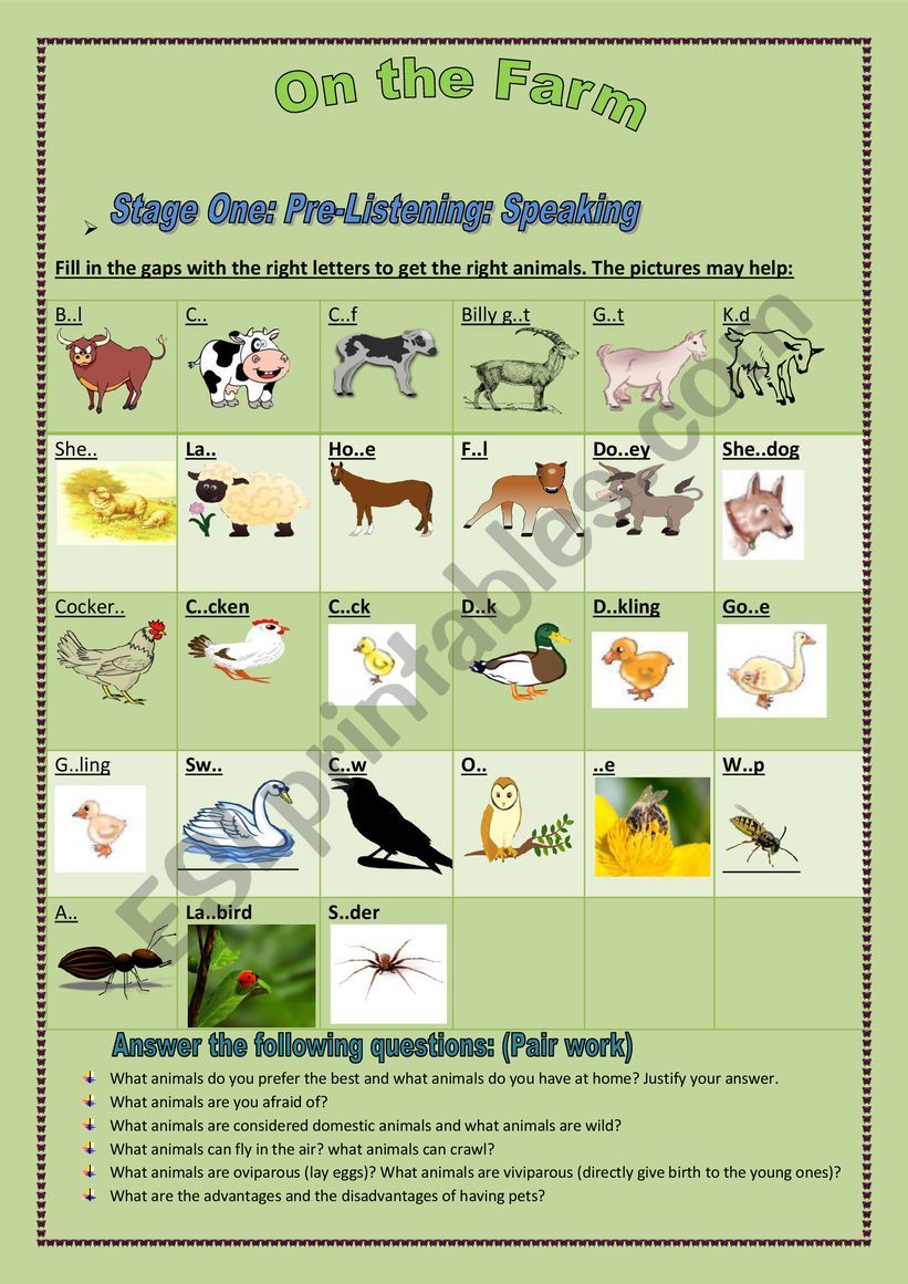 teaching the four skills: Speaking, reading, listening, writing: the  pre-listening: Speaking of a demonstration lesson: topic animal farm ( part  1) - ESL worksheet by hibaaicha