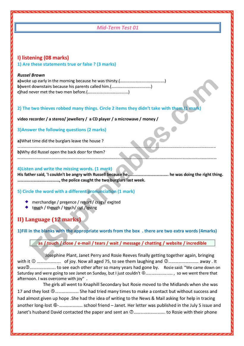 Second Form Mid-Term Test 01 worksheet