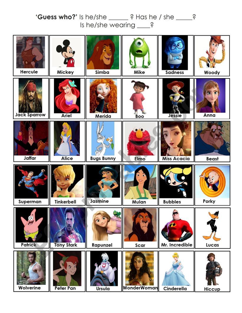 Guess who cartoon characters worksheet