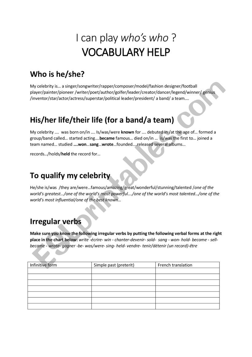 Playing who is who worksheet