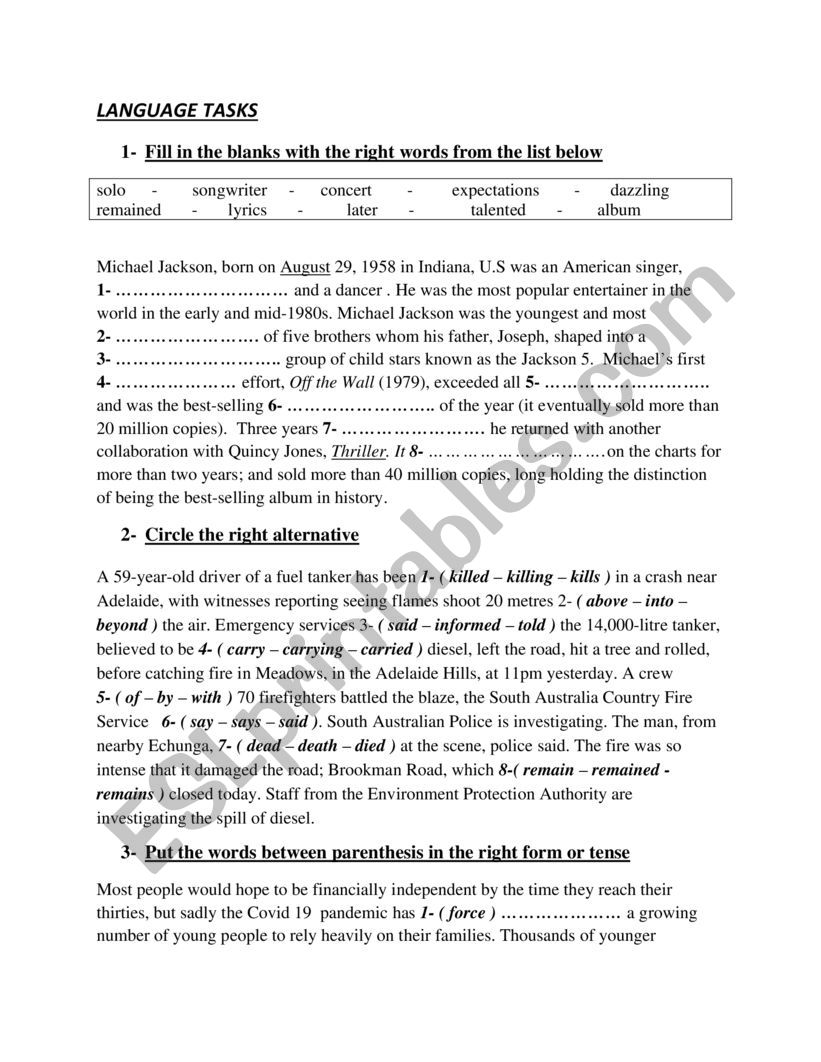 lANGUAGE TASKS worksheet