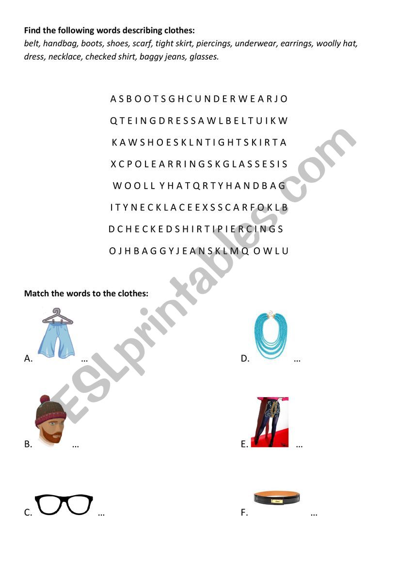 Clothes wordsearch worksheet