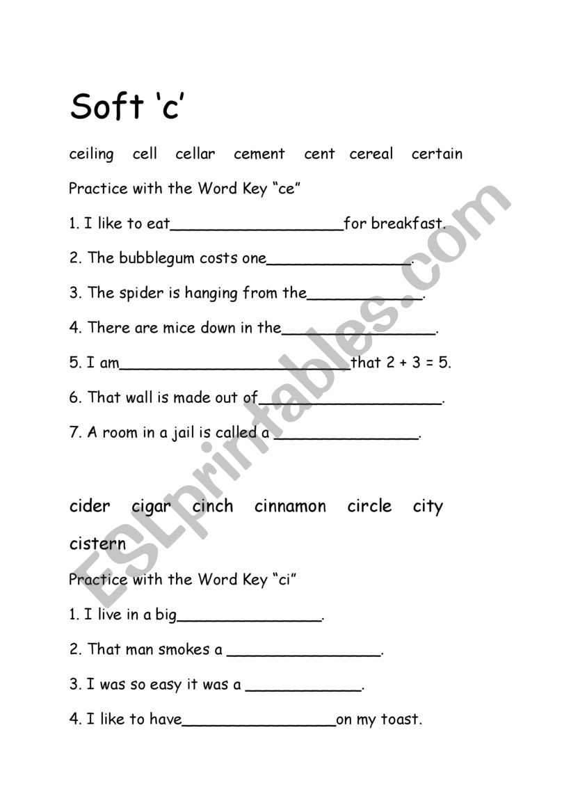 Soft c ce ci cy worksheet