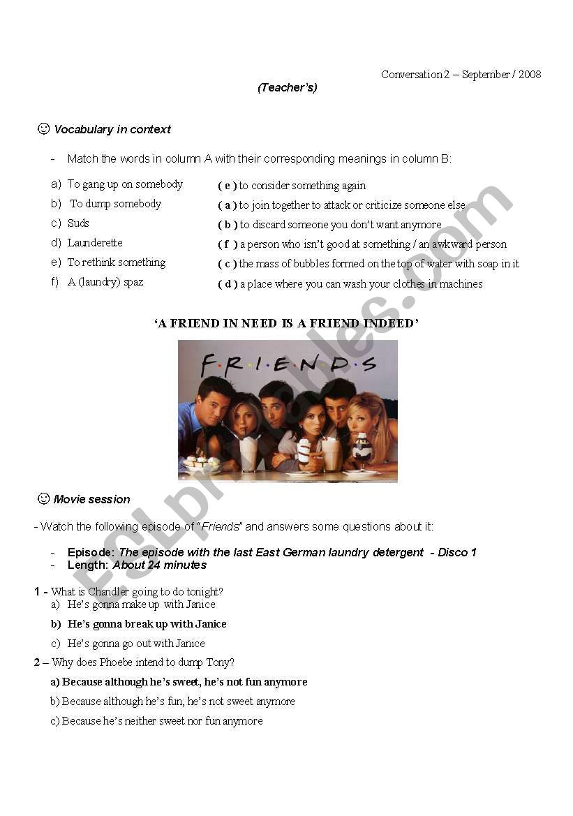 Movie-Conversation class based on the episode of Friends - German laundry detergent - 1st season (TeacherÂ´s)