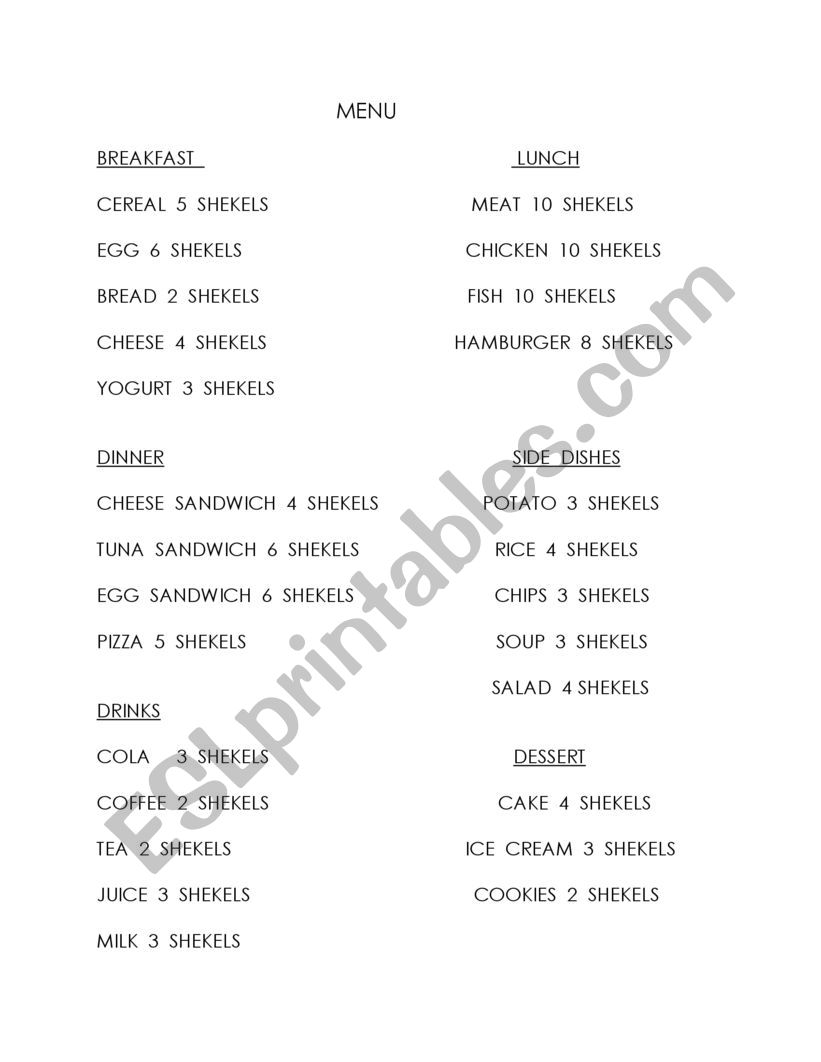 Food Menu worksheet
