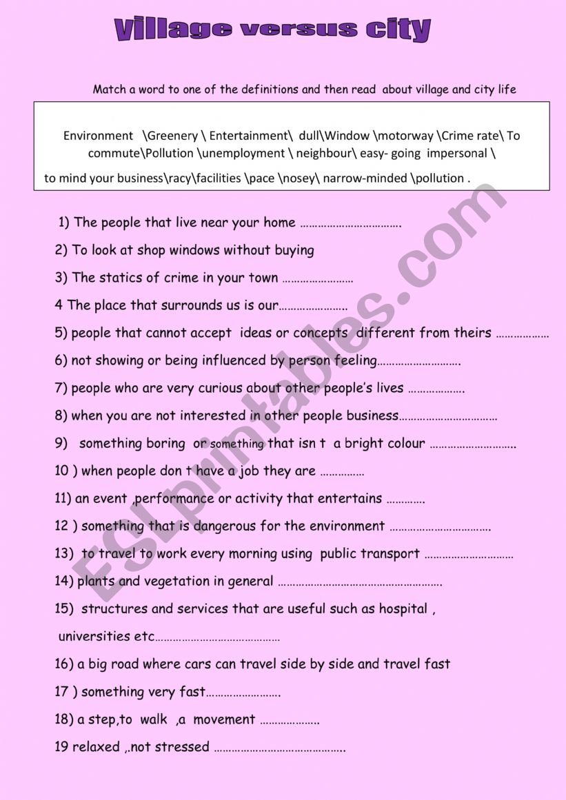 village life ,city life  worksheet