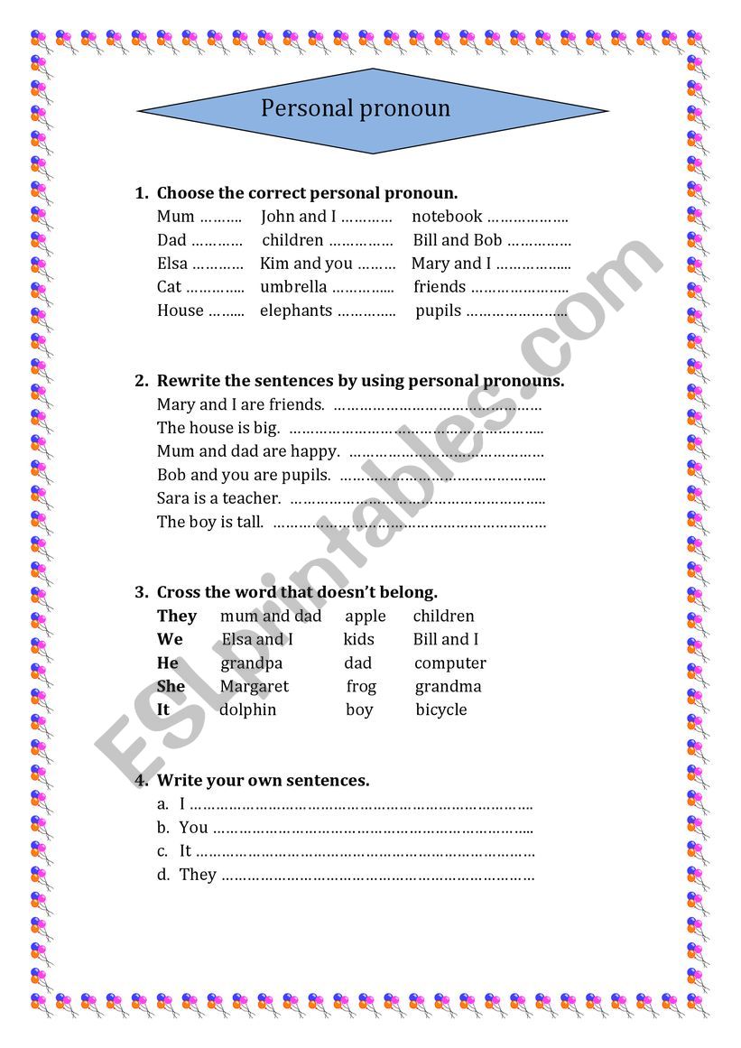 personal pronoun worksheet