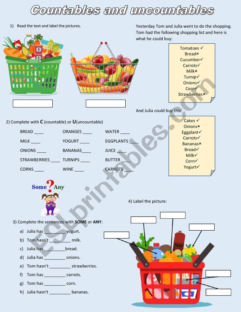 COUNTABLES AND UNCOUNTABLES worksheet