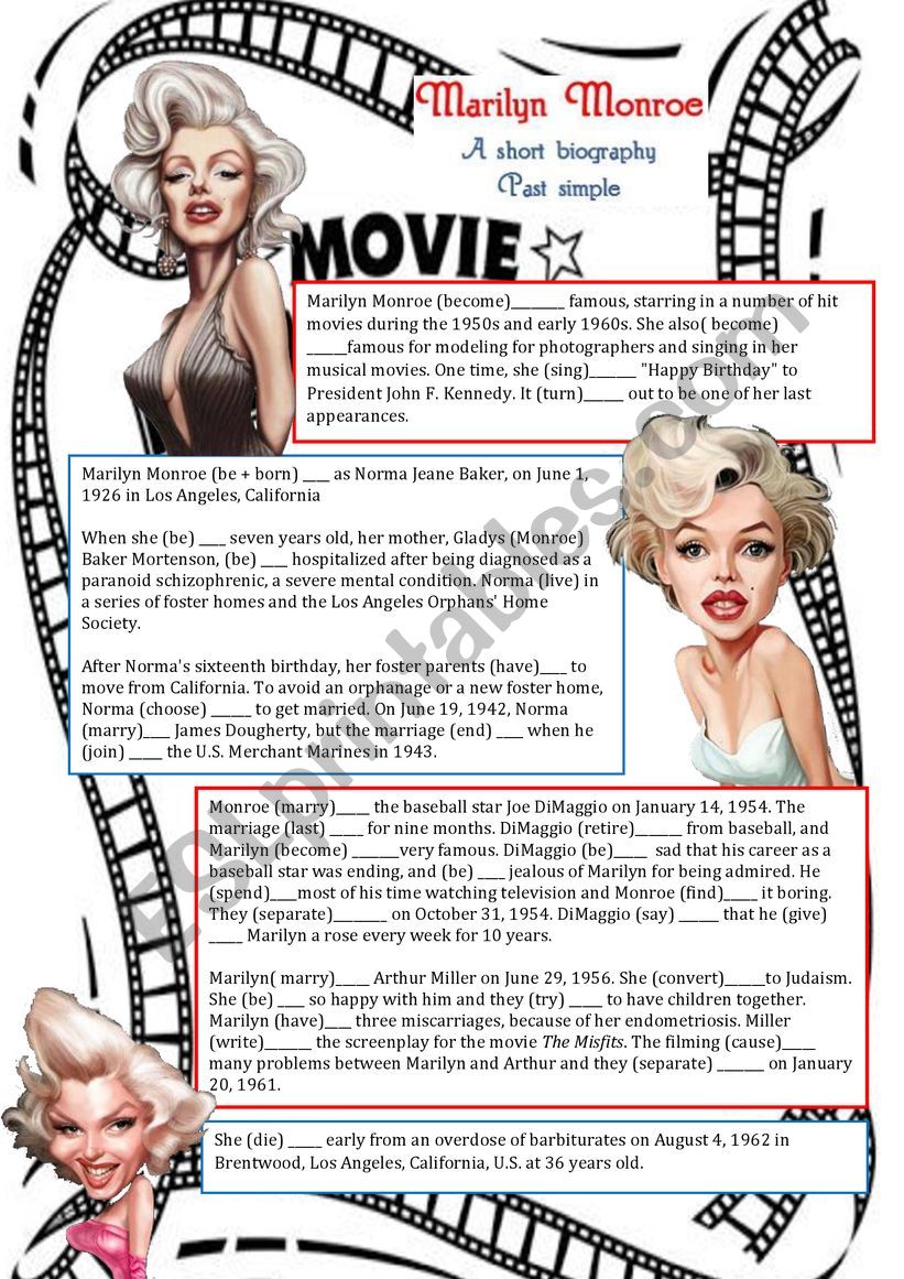 Past Simple fill in the gap exercise Marilyn Monroe biography + keys