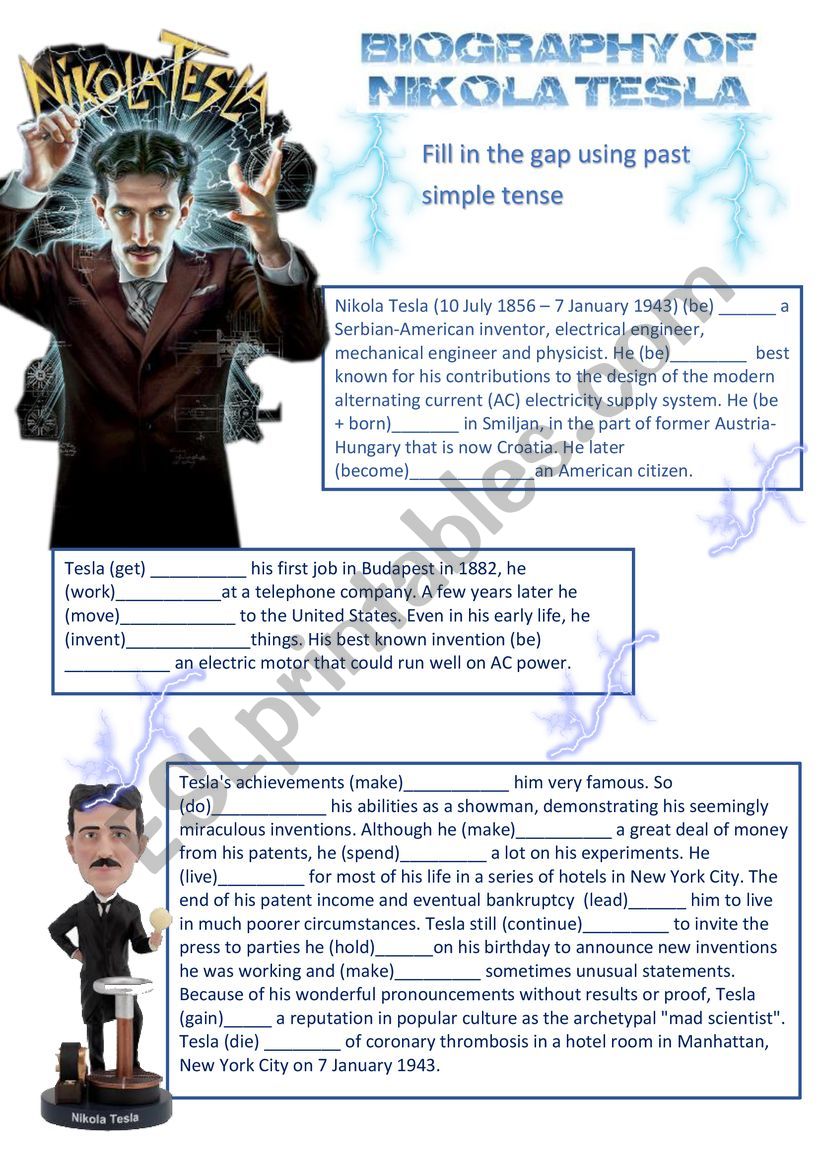 Past simple fill in the gap Nikola Tesla biography  + keys