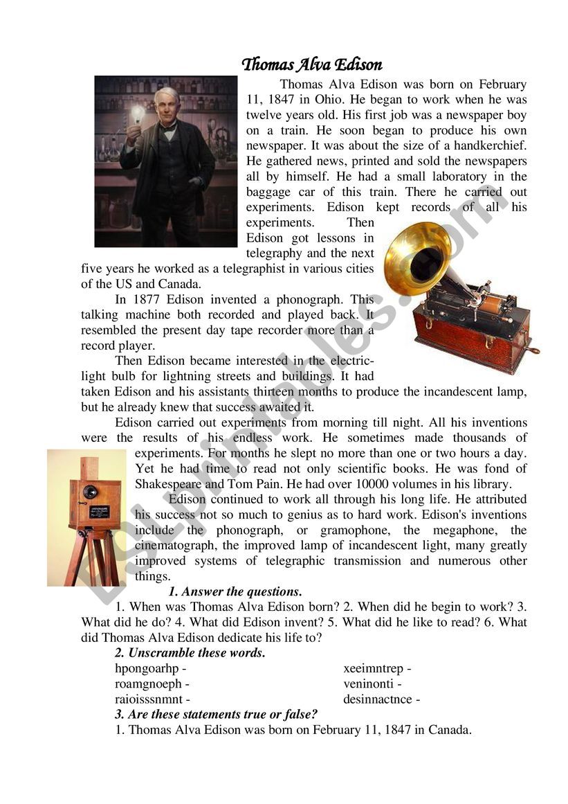 Thomas Alva Edison worksheet